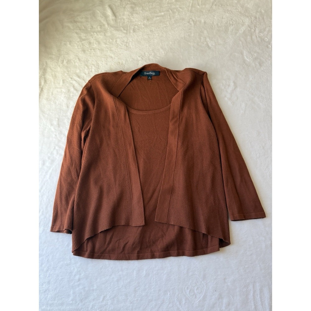 Evan-Picone Open Knit Cardigan Sweater Brown Long Sleeve Petites PL‎